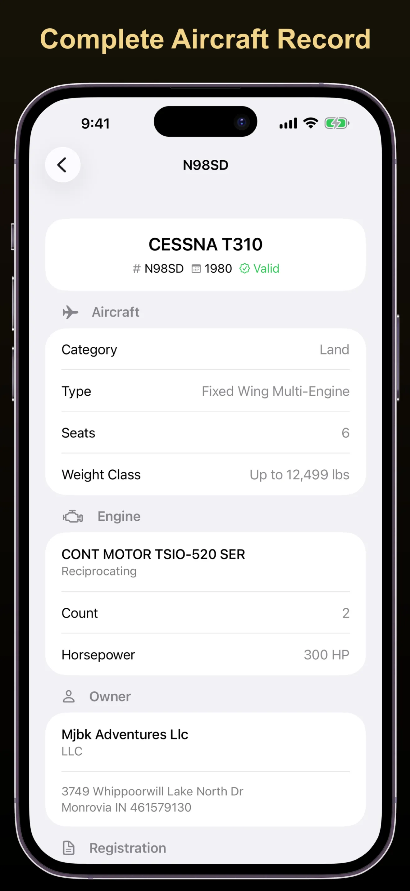 ACE Tailboard aircraft detail showing registration data