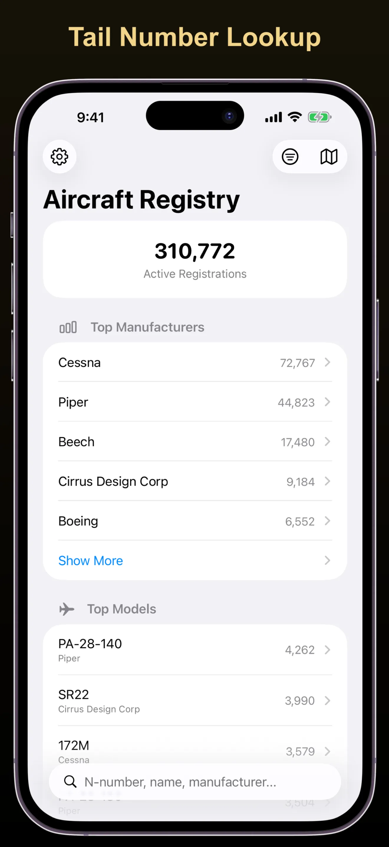 ACE Tailboard app showing aircraft search on iPhone