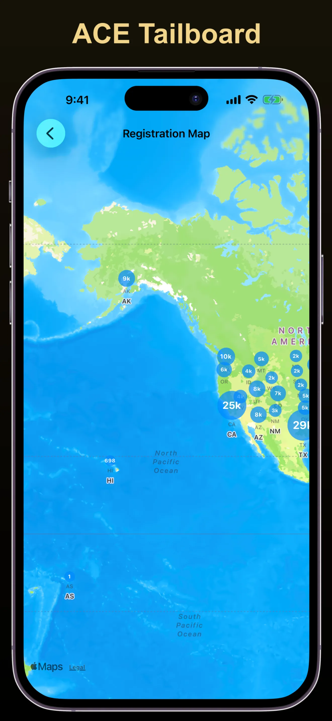 ACE Tailboard interactive map showing US aircraft registrations